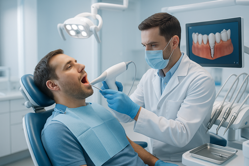 Close-up of a dental implant procedure with advanced tools at Dentitin.