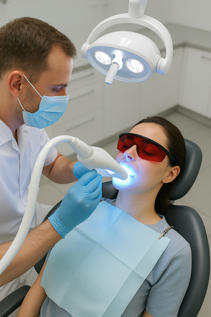 Dentist performing a teeth whitening treatment on a patient.