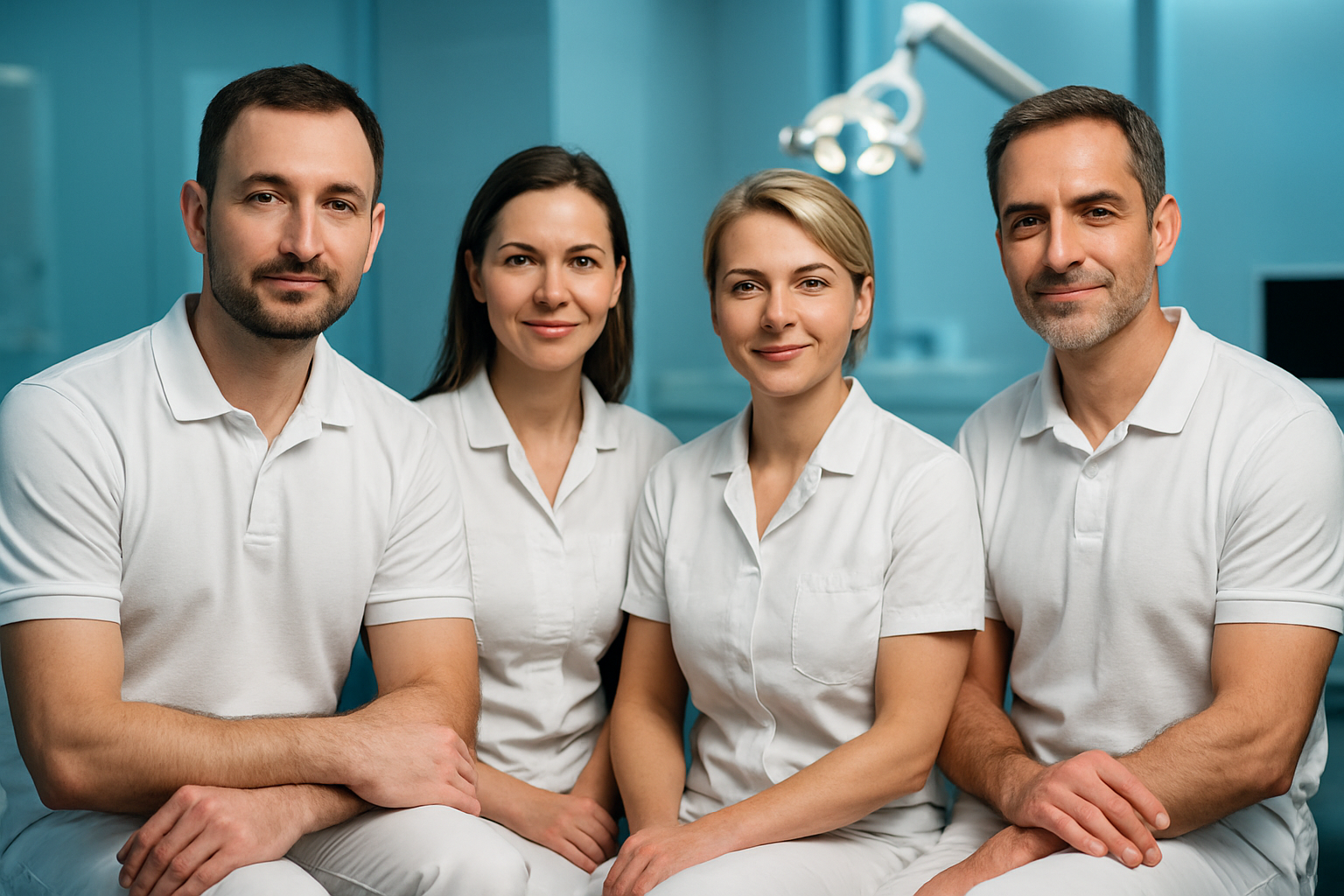 Friendly team of professional dentists at Dentitive clinic posing together.