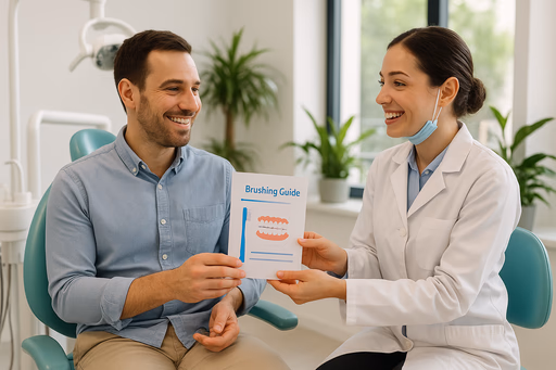 Dentist advising patient during a post-treatment dental follow-up.